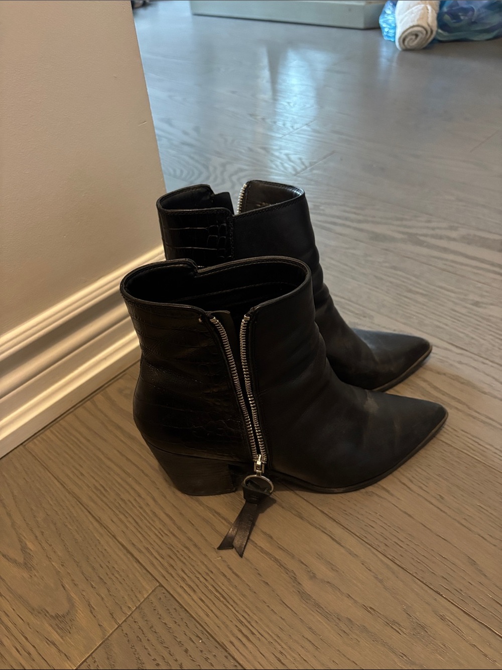 Aldo Black Leather Pointed Toe Ankle Booties with Side Zip Tassel